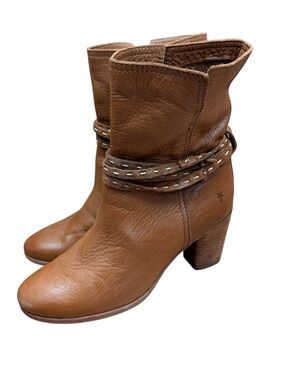 Frye size 8.5B Tan Leather Mid-Calf Heeled Boots with Wrap Strap